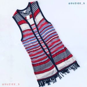 Red White & Blue Crochet Knit Fringe Vest Swimsuit Cover Up NWT L